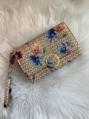 NWTS Time & Tru Floral Print Wallet/Wristlet Clutch w/Gold Ring Accent adj strap